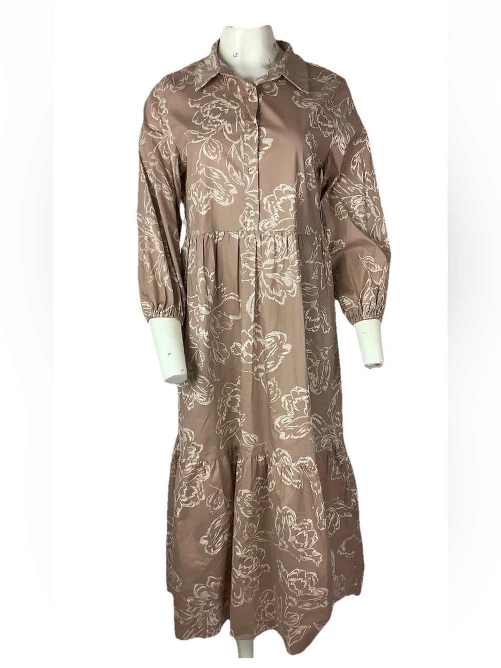 Tahari Sz M Floral Print Tiered Maxi Modest Boho Prairie Look Dress Brown